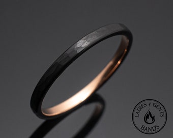 Black Obsidian Rose Gold Hammered Tungsten Ring, 2mm Round Dome Design, wedding band, unisex engagement ring