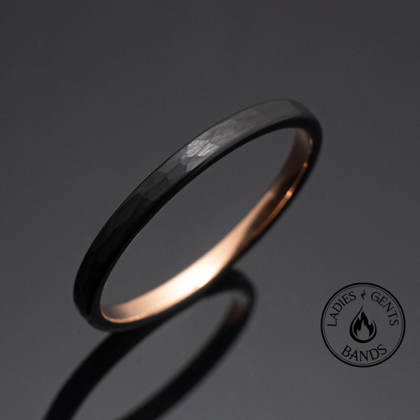 Black Obsidian Rose Gold Hammered Tungsten Ring, 2mm Round Dome Design, wedding band, unisex engagement ring
