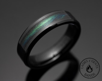 Unique Mens Wedding Ring with Green Blue Sand Inlay in 6mm Width | Tungsten Mens Band for Him | Space Ring