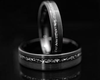 4mm/6mm Black Brushed Meteorite Tungsten Wedding Ring Set His and Hers