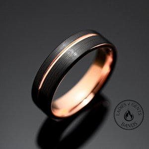 6mm Black Rose Gold Obsidian Tungsten Wedding Band, Mens Ring