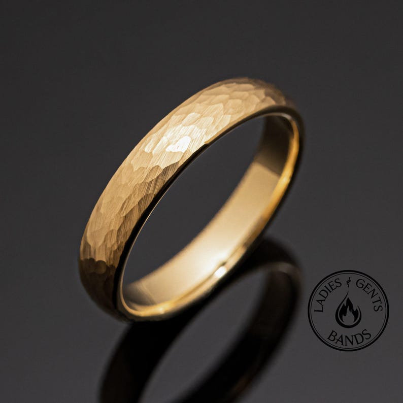 4mm/8mm Gold Hammered Tungsten Wedding Ring Set His and Hers | Alternative Yellow Gold Wedding Bands |Antique Vintage Style Engagement Bands image 3