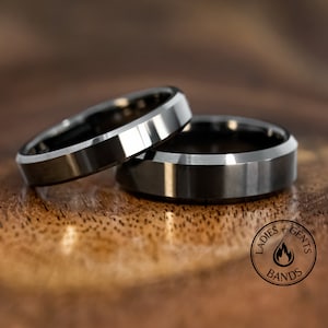 Black Obsidian Tungsten Wedding Ring Set His and Hers bands, 4mm and 6mm bands