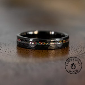 Hammered Wedding Ring, 4mm Black obsidian opal Ring, Tungsten Carbide Unisex Ring, Womens Wedding Band