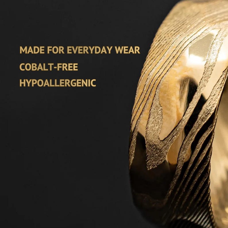 Gold Damascus Steel Hammered Ring | Unique Mens Wedding Band Gold Steel 8mm Ring image 4