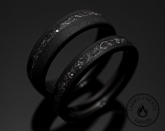 4mm/6mm Black Sandblasted Meteorite Tungsten Wedding Ring Set His and Hers
