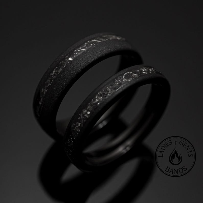 4mm/6mm Black Sandblasted Meteorite Tungsten Wedding Ring Set His and Hers image 1