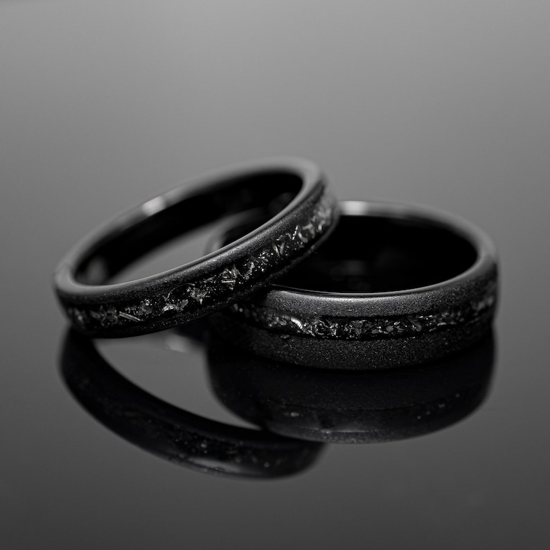 4mm/6mm Black Sandblasted Meteorite Tungsten Wedding Ring Set His and Hers image 10