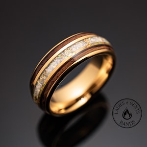 18k Gold Leaf Tungsten Wedding Ring | 8mm White Opal & Whiskey Wood Ring For Men With Inlay | Wood Wedding Band |Rustic Mens Engagement Band