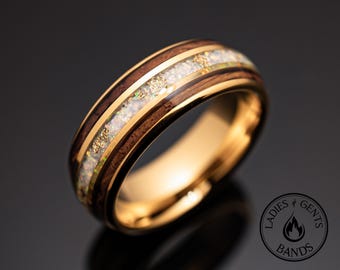 18k Gold Leaf Tungsten Wedding Ring | 8mm White Opal & Whiskey Wood Ring For Men With Inlay | Wood Wedding Band |Rustic Mens Engagement Band