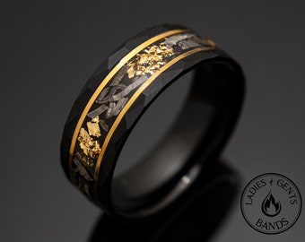 Black Gold Leaf Meteorite Wedding ring | Tungsten band in 8mm Width