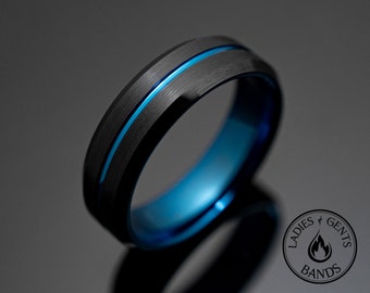 Black Obsidian Blue Brushed Tungsten Wedding Band | Engagement Ring in 6mm