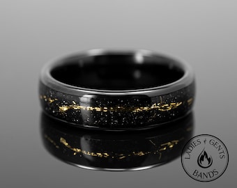 6mm Schwarzgold Blatt Obsidian Wolfram Ehering, Herren- und Damenring