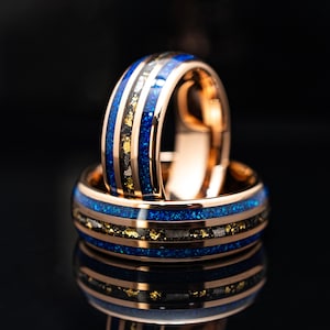 8mm Rose Gold Leaf Meteorite Blue Opal Tungsten Ring | Gold 24k Mens Wedding Band | Unique Promise Ring