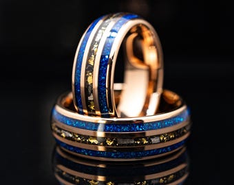 8mm Rose Gold Leaf Meteorite Blue Opal Tungsten Ring | Gold 24k Mens Wedding Band | Unique Promise Ring