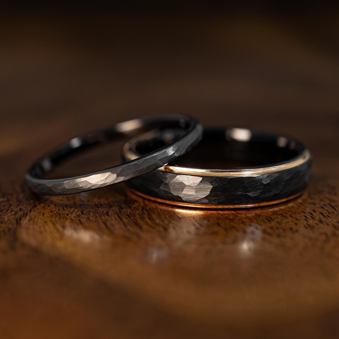 Black Rose Gold Hammered Tungsten Wedding Ring Set His and Hers