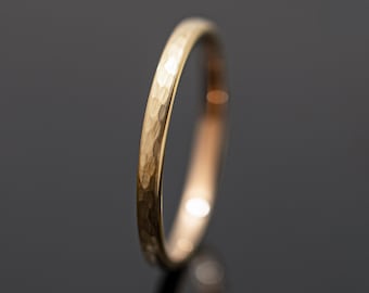 2mm Yellow Gold Wedding Band for Women - Hammered Thin Gold Wedding Ring - Minimalist Textured Gold Ring for Her, Classic Gold Plated Ring