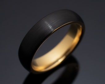 6mm Black BRUSHED Gold Obsidian-Style Tungsten Wedding Band, Unisex Engagement Ring