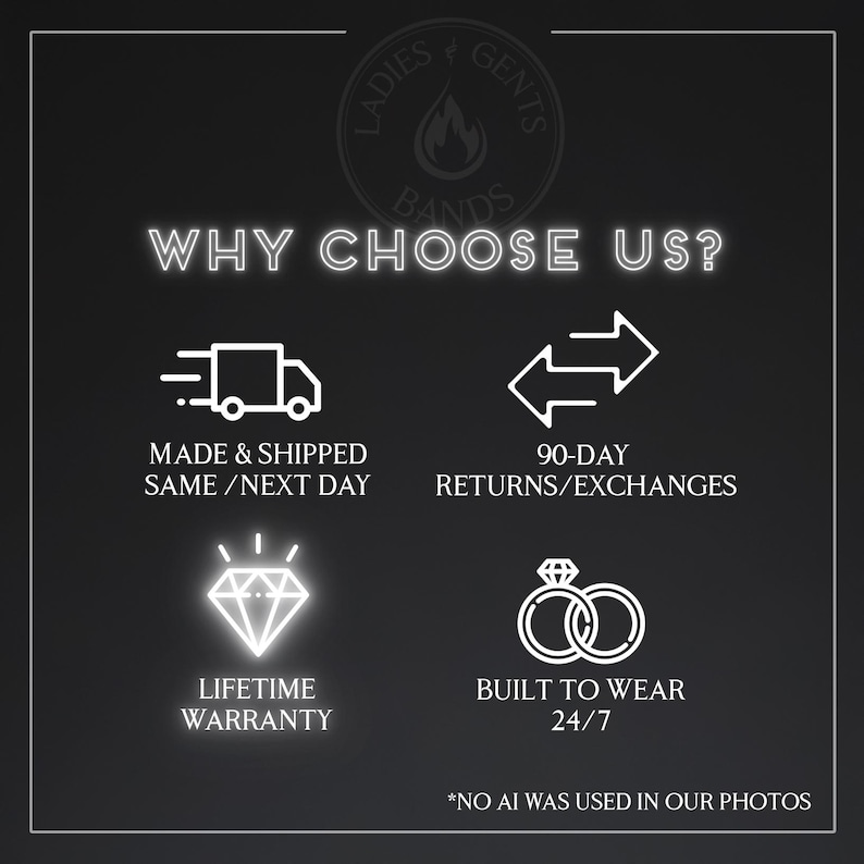 May include: A graphic with white text and icons on a dark background. The text reads "WHY CHOOSE US?" with icons representing fast shipping, returns, a lifetime warranty, and durable wear. The image also states "NO AI WAS USED IN OUR PHOTOS."