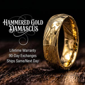 Gold Damascus Steel Hammered Ring | Unique Mens Wedding Band Gold Steel 8mm Ring image 1