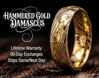 Gold Damascus Steel Hammered Ring | Unique Mens Wedding Band Gold Steel 8mm Ring
