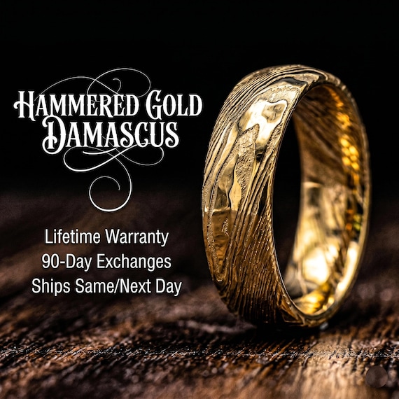 Gold Damascus Steel Hammered Ring | Unique Mens Wedding Band Gold Steel 8mm Ring