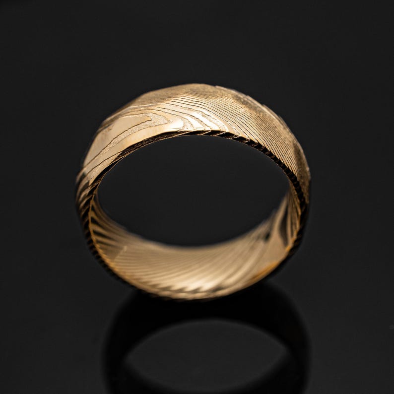 Gold Damascus Steel Hammered Ring | Unique Mens Wedding Band Gold Steel 8mm Ring image 8