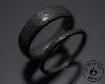Black Hammered Obsidian Tungsten Wedding Ring Set His and Hers, 2mm/6mm Bands