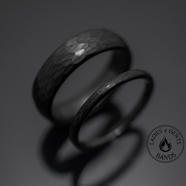 Black Hammered Obsidian Tungsten Wedding Ring Set His and Hers, 2mm/6mm Bands