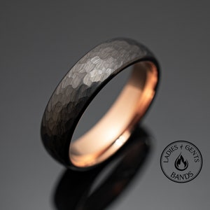 Gunmetal Hammered Rose Gold Tungsten Wedding Band Ring in 6mm Width