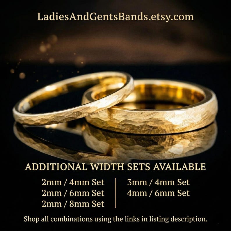 4mm/8mm Gold Hammered Tungsten Wedding Ring Set His and Hers | Alternative Yellow Gold Wedding Bands |Antique Vintage Style Engagement Bands image 8