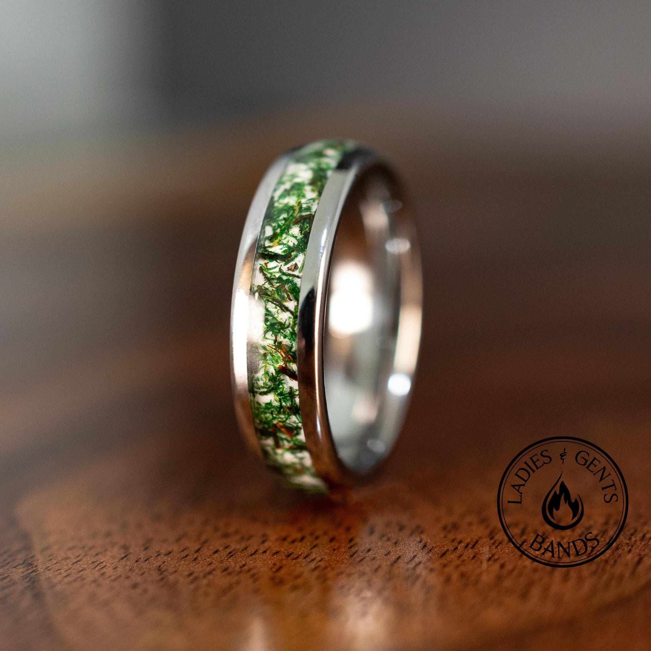 Green Moss Agate Ring Silver 6mm Tungsten Wedding Ring - Mens & Womens Ring