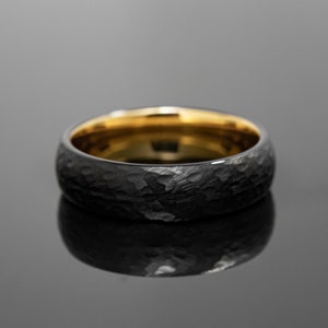 Black Obsidian Hammered Tungsten Wedding Band Ring in 6mm Width Gold Inlay image 4