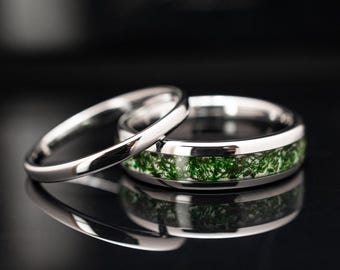 Anel de Ágata Musgosa, Conjunto de Alianças de Tungstênio Prateado - Anel Masculino e Feminino de 2 mm e 6 mm