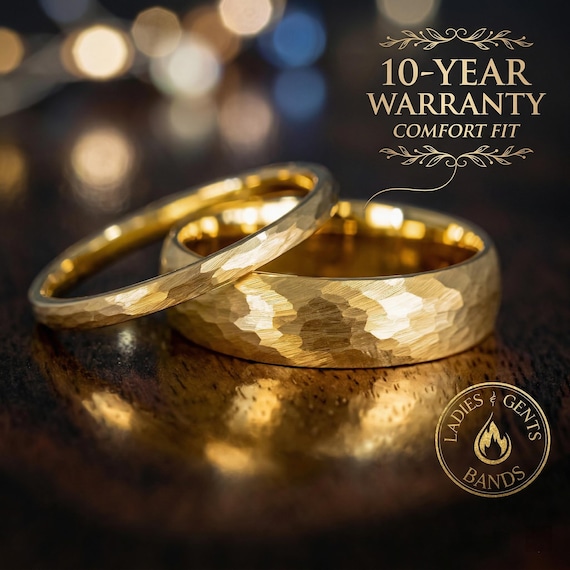 2mm/6mm Gold Hammered Tungsten Wedding Ring Set His and Hers | Dainty Minimalist Gold Wedding Band Set His and Hers | Comfort Fit Couples