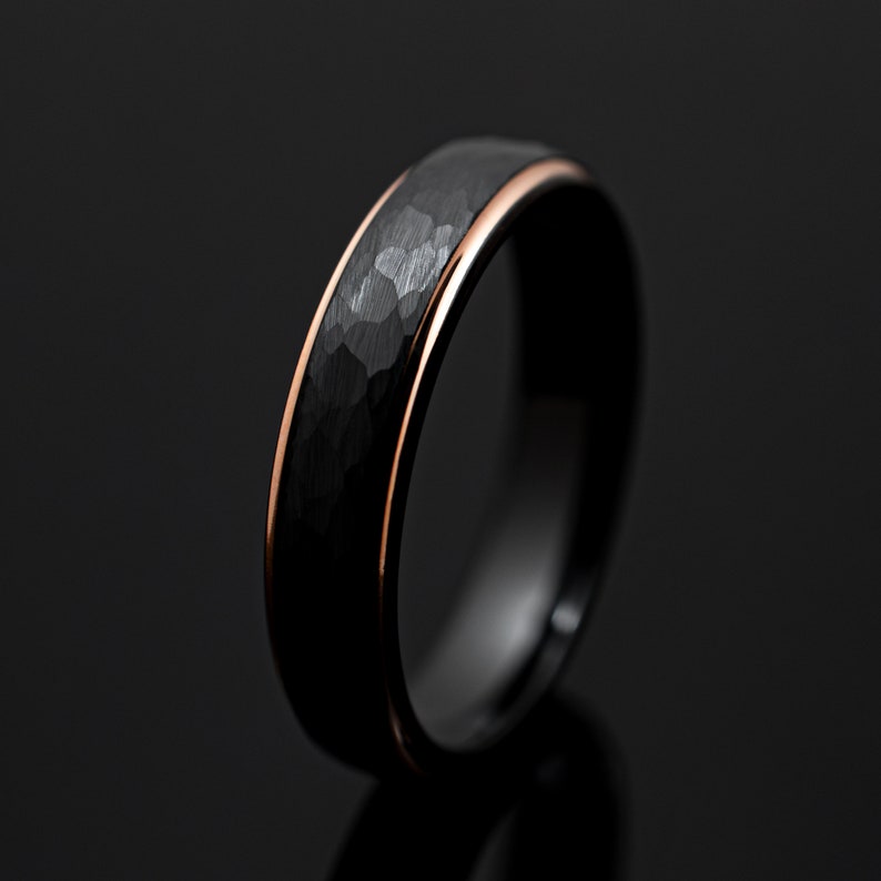 Black Obsidian Rose Gold Tungsten Carbide Ring, Black Hammered Wedding Band for Men, 5mm width ring, Wedding Ring Gift, Tungsten Carbide, image 2