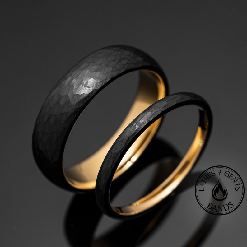 Black Hammered Obsidian Gold Tungsten Wedding Ring Set His and Hers, 2mm/6mm Bands image 1