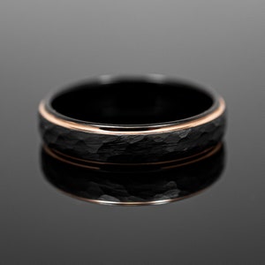 Black Obsidian Rose Gold Tungsten Carbide Ring, Black Hammered Wedding Band for Men, 5mm width ring, Wedding Ring Gift, Tungsten Carbide, image 3