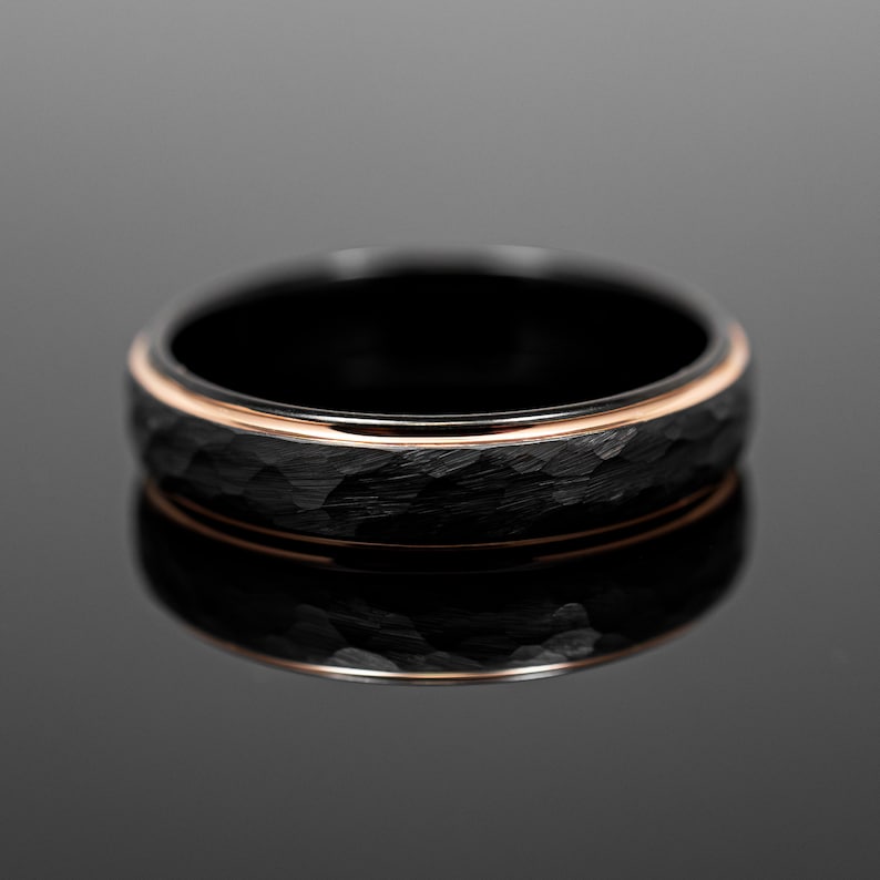 Black Obsidian Rose Gold Tungsten Carbide Ring, Black Hammered Wedding Band for Men, 5mm width ring, Wedding Ring Gift, Tungsten Carbide, image 3