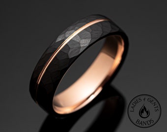 6mm Black Hammered Rose Gold Obsidian Tungsten Wedding Band, Mens Ring