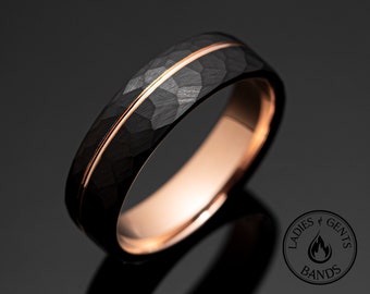 Alliance martelée en or rose, obsidienne et tungstène de 6 mm, bague pour homme