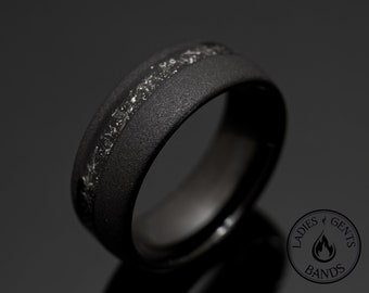 8mm Black Meteorite Sandblasted Wedding ring, Black obsidian sandblasted Mens Wedding Band