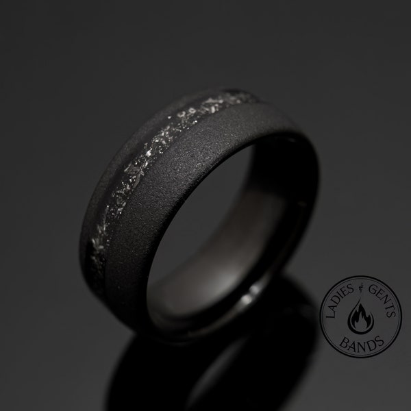 8mm Black Meteorite Sandblasted Wedding ring, Black obsidian sandblasted Mens Wedding Band