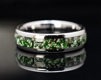 Anel de Ágata Musgosa em Prata com Tungstênio de 6 mm | Anel Masculino e Feminino - anel masculino de ágata musgosa - anel masculino de ágata musgosa - aliança inspirada na natureza