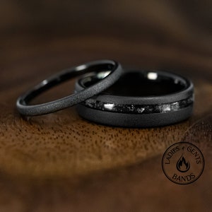 2mm/6mm Black Sandblasted Meteorite Tungsten Wedding Ring Set His and Hers