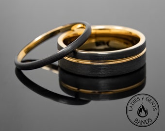 Black Brushed Obsidian Tungsten Wedding Ring Set His and Hers with Gold Inlay, 2mm/6mm Bands Active