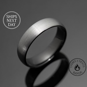 6mm Silver Brushed Obsidian-style inlay Tungsten Wedding Ring for men | Silver Ring Mens Wedding Bands Tungsten 6mm | Steel Anniversary Ring