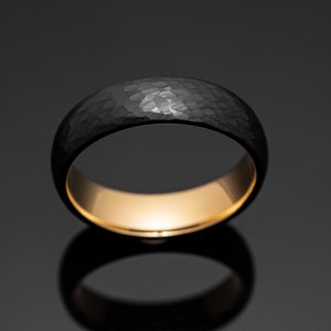 Black Obsidian Hammered Tungsten Wedding Band Ring in 6mm Width Gold Inlay image 3