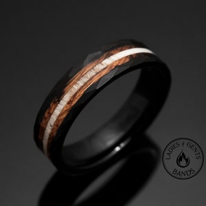 6mm Charred Whiskey Barrel and Antler inlay Black Mens Unisex Wedding Band