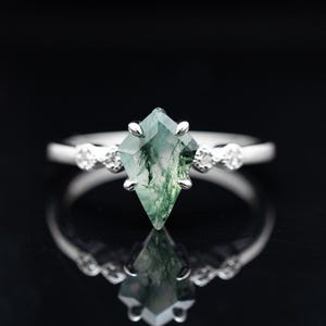 Coffin Moss Agate Wedding Ring - Sterling Silver Women&#39;s Band in 1.5mm thickness with CZ Diamonds